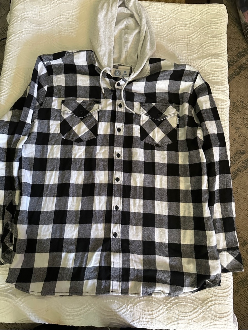 Hurley Black and White Plaid Hooded Button-Down Shirt